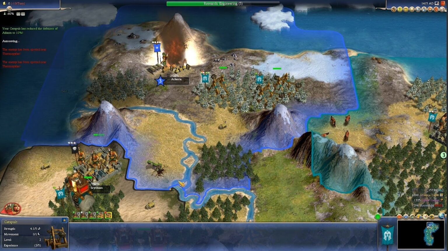 نمایی از بازی Civilization IV با گرافیک سه‌بعدی و رابط کاربری که واحدهای نظامی و ساختمان‌های شهری را نشان می‌دهد.