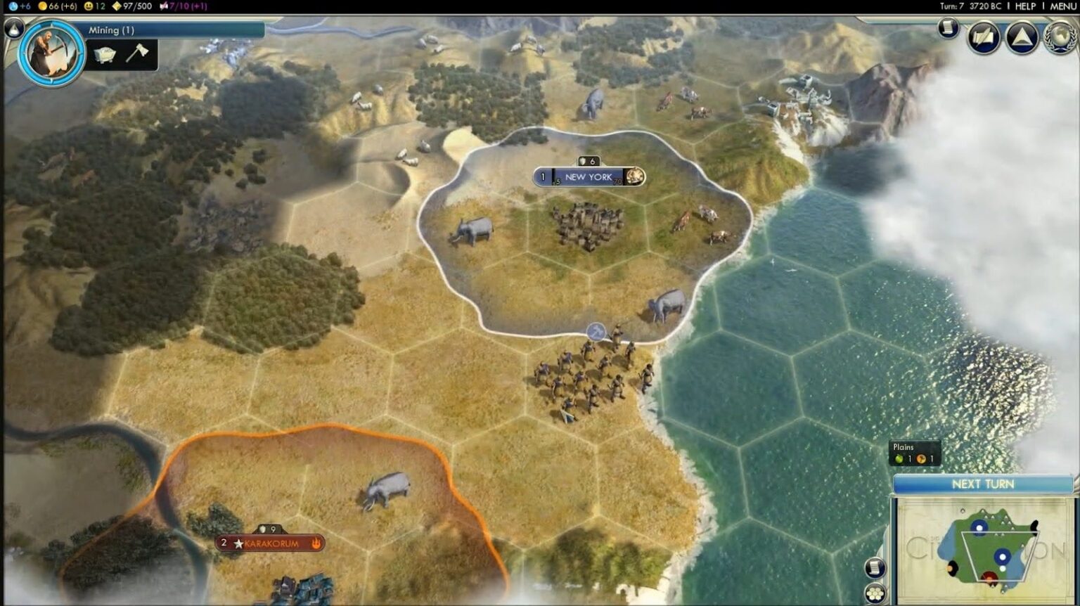 نمایی از نقشه شش‌ضلعی (Hex Grid) در بازی Civilization V که واحدهای نظامی مختلفی روی آن قرار گرفته‌اند و در حال نبرد هستند.