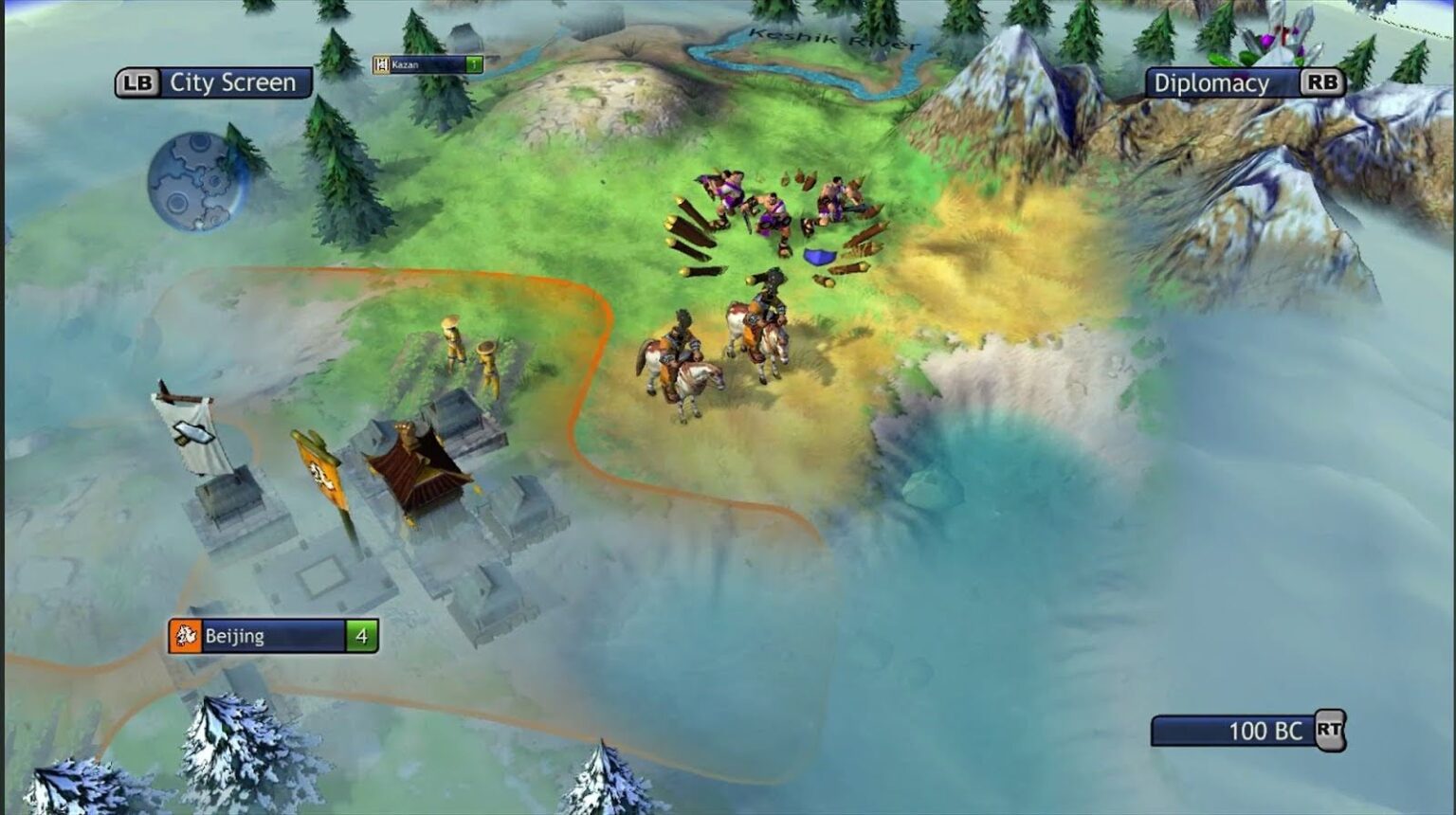 گیم‌پلی بازی Civilization Revolution که رهبران و واحدهای نظامی با استایل گرافیکی کارتونی را در کنسول نشان می‌دهد.