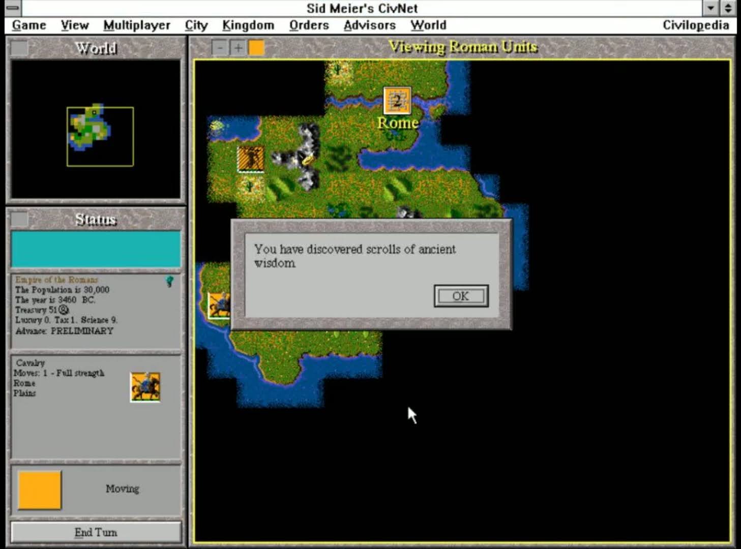 نمایی از رابط کاربری بازی CivNet که اولین تجربه چندنفره در سری Civilization را به نمایش می‌گذارد.