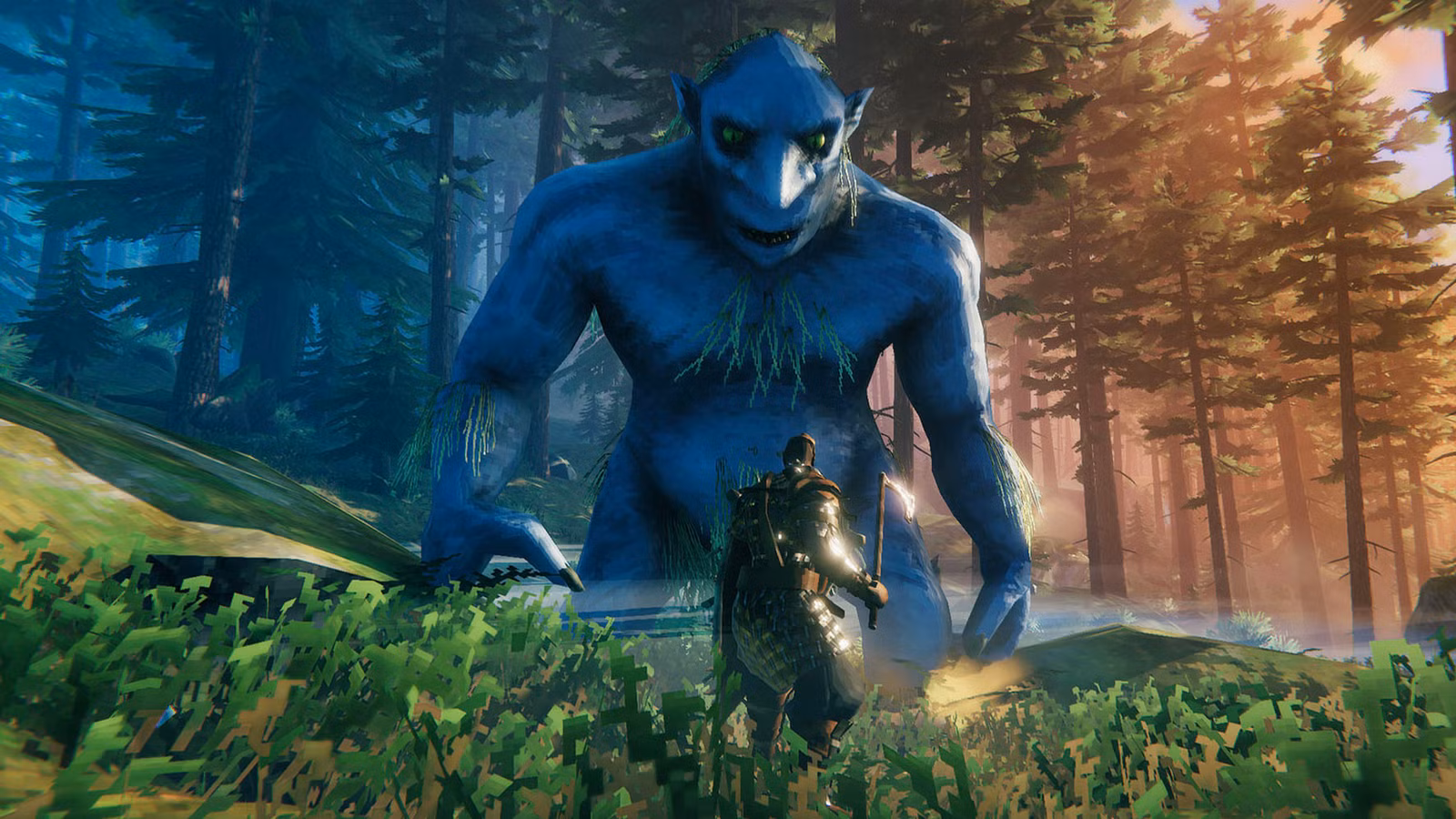 نمایی از یک موجود غولپیکر در جنگلهای بازی Valheim که نشاندهنده دنیایی غنی برای اکتشاف است.