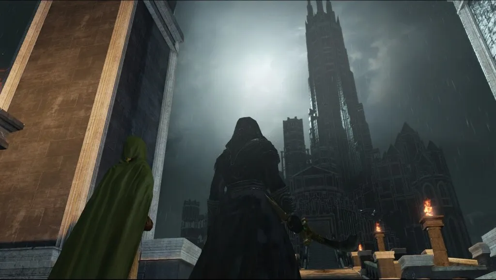 نمایی از قلعه درنگلیک در بازی Dark Souls 2، با فضایی تاریک و وهم‌آور.