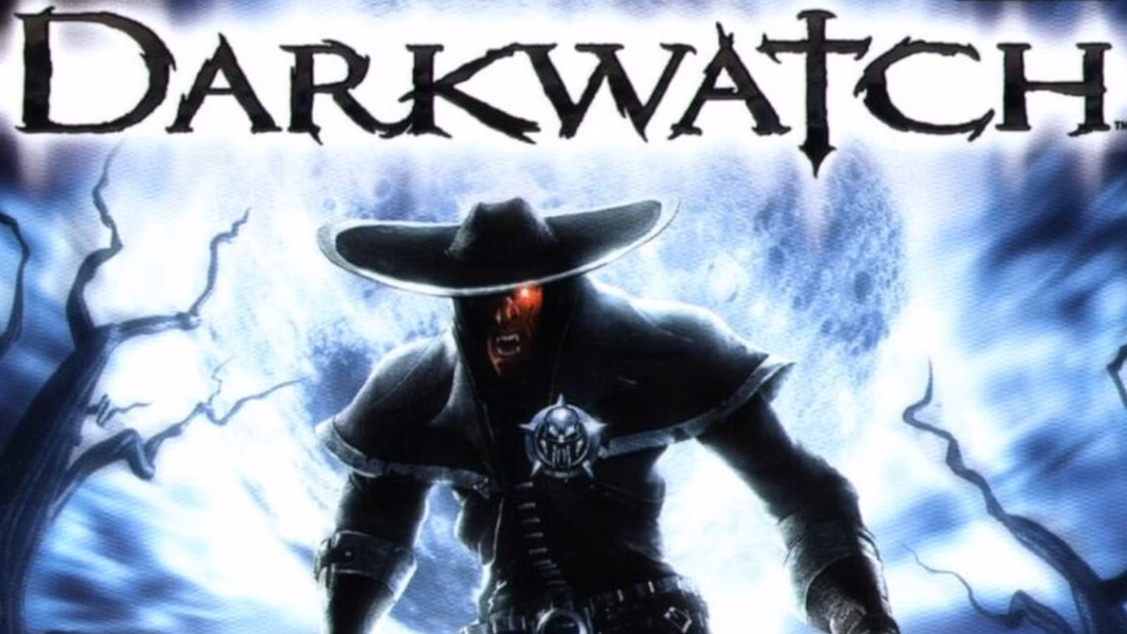 شخصیت اصلی بازی Darkwatch، یک هفت‌تیرکش ومپایر، در حال شلیک در محیطی تاریک و وسترن است.