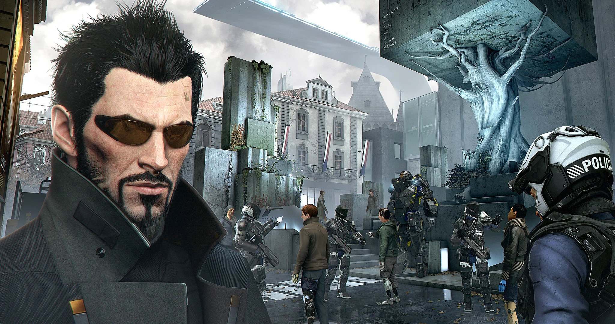 آدام جنسن، قهرمان سایبرپانکی بازی Deus Ex: Mankind Divided، در یک محیط شهری آینده‌نگرانه.