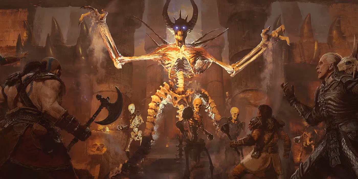 گروهی از قهرمانان در حال مبارزه با انبوهی از شیاطین در محیط تاریک و گوتیک Diablo 2: Resurrected.