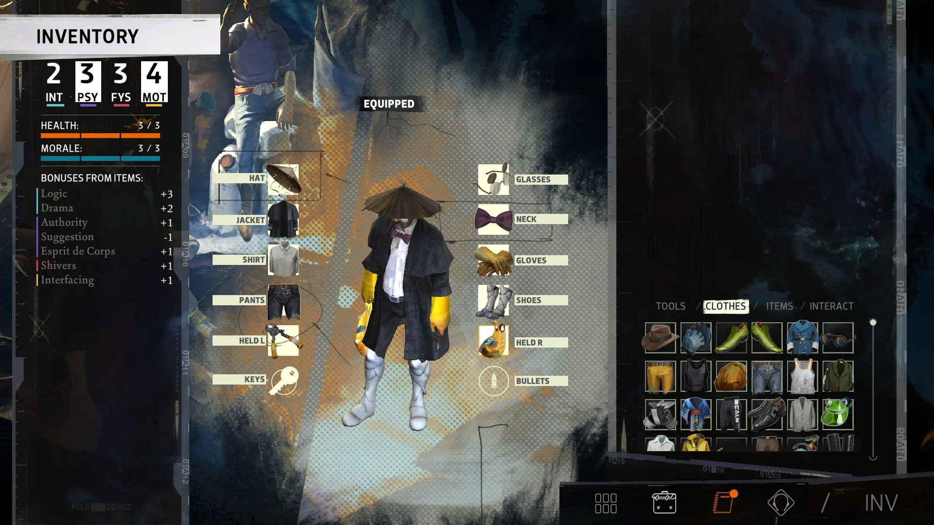 صفحه مهارت‌ها و افکار در بازی Disco Elysium، که عمق سیستم نقش‌آفرینی بازی را نشان می‌دهد.