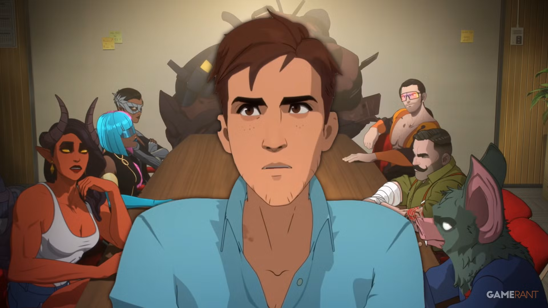 کلوزآپ از جزئیات چهره یکی از شخصیت‌های بازی Dispatch با نورپردازی سینمایی و سایه‌زنی دقیق