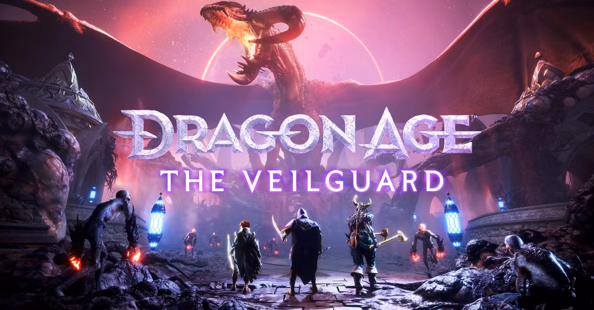 یک Grey Warden در مقابل یک اژدهای عظیم در دنیای فانتزی تاریک Dragon Age: Origins.