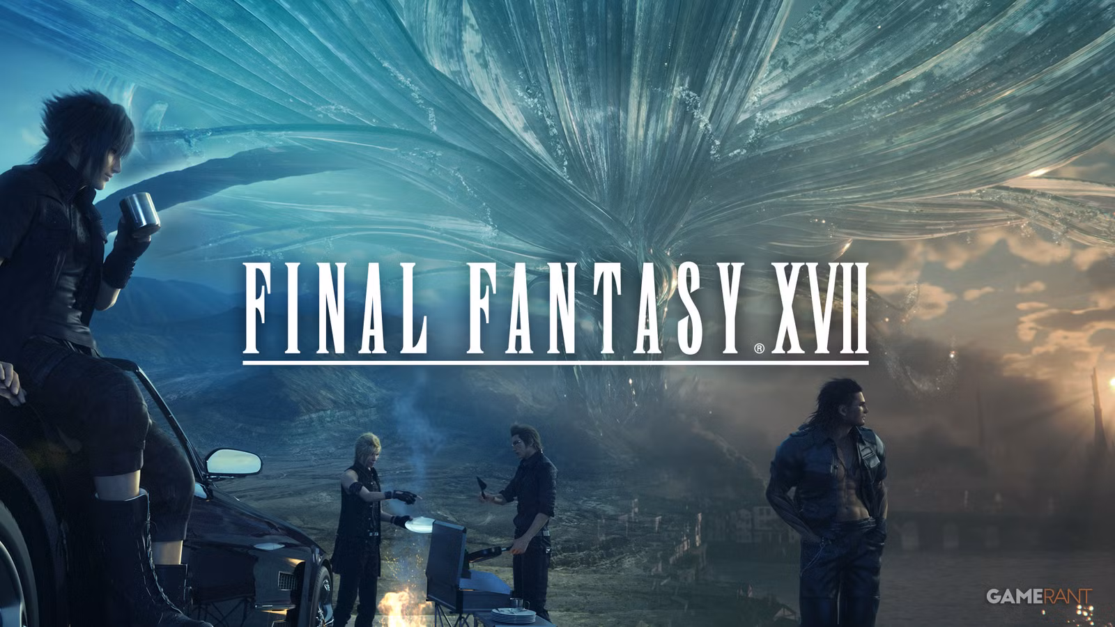 ناکتیس و دوستانش در کنار ماشین نمادین رگالیا در دنیای وسیع و جهان-باز Final Fantasy XV.