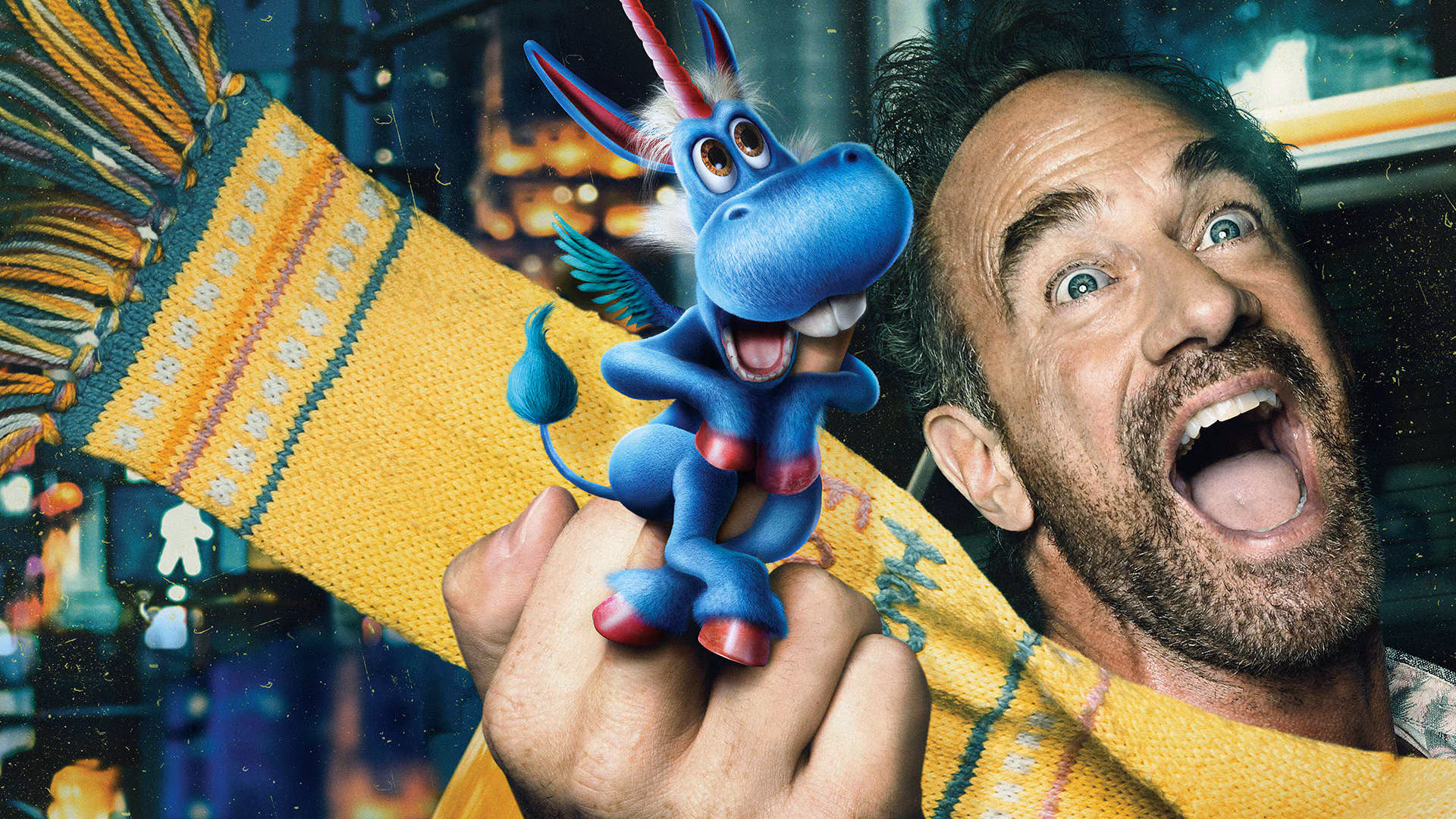 پوستر سریال Happy! با حضور نیک ساکس و اسب تکشاخ آبی رنگ.