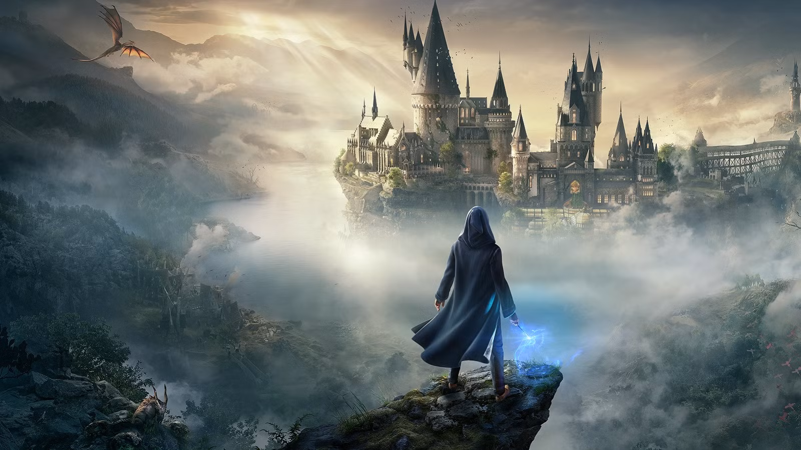 یک دانش‌آموز هاگوارتز در حال اجرای یک طلسم در مقابل قلعه‌ی هاگوارتز در بازی Hogwarts Legacy.