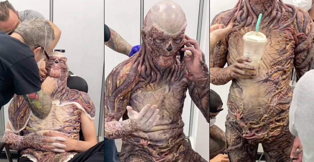 جیمی کمپل باور در حال گریم سنگین برای تبدیل شدن به شخصیت وکنا در سریال Stranger Things