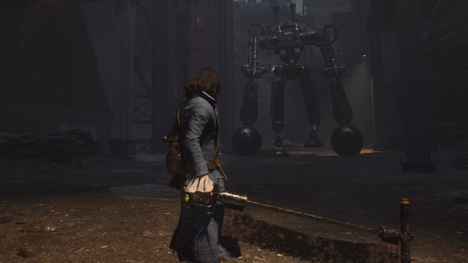 مبارزه شخصیت اصلی بازی Lies of P با یک عروسک مکانیکی غول‌پیکر بر روی سقف یک ساختمان در شهر کرات.