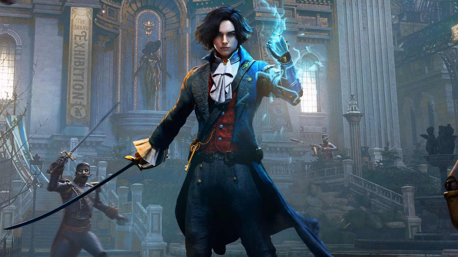 شخصیت اصلی بازی Lies of P در میان آب و ویرانی، آماده برای مبارزه.