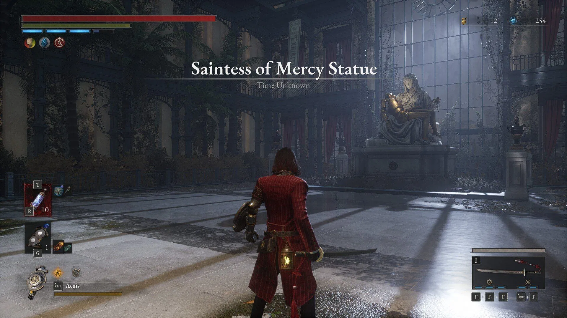 مجسمه فرشته‌ای در یک کلیسای ویران شده در بازی Lies of P که نمادی از ایمان پایدار است.