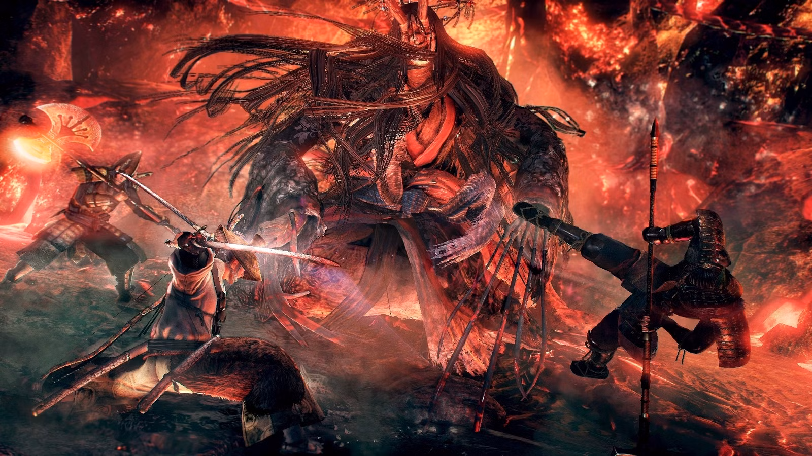 شخصیت اصلی بازی Nioh 2 در حال استفاده از قدرت‌های یوکای خود در نبردی علیه یک هیولای ژاپنی.