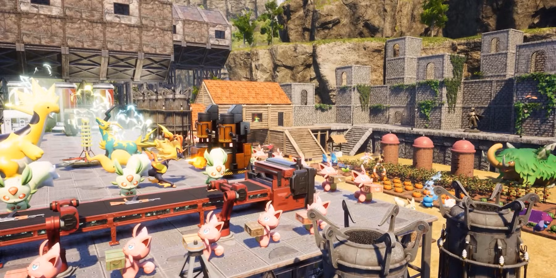 بازیکن در حال مدیریت پایگاه و هیولاهای خود که به نام Pal شناخته میشوند در بازی Palworld.