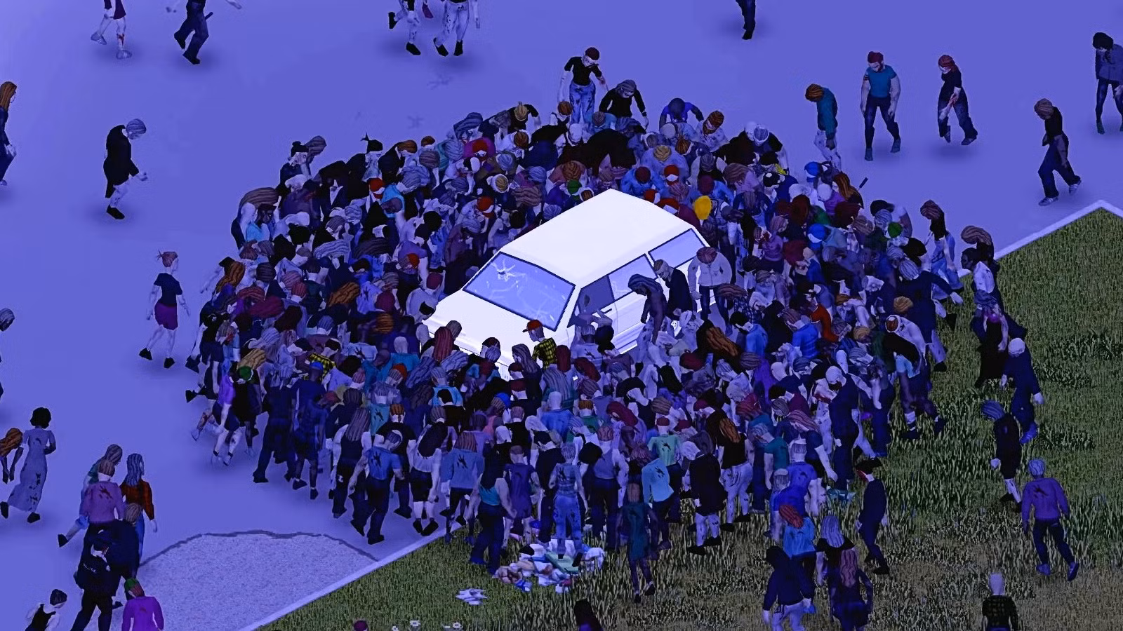 شخصیت بازیکن در بازی Project Zomboid در حال مقابله با گروه عظیمی از زامبیها در یک شهر متروکه.