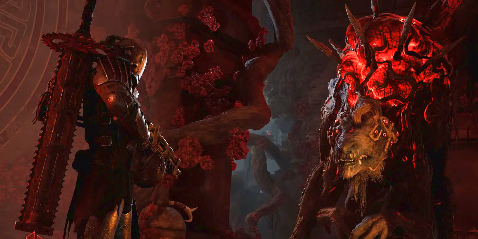 سه بازیکن در بازی Remnant 2 در حال مبارزه با گروهی از هیولاهای درختی در دنیایی بیگانه.