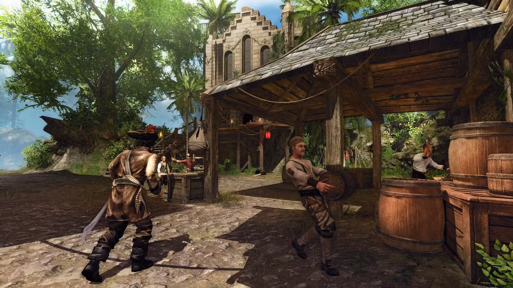 دو شخصیت با لباس دزدان دریایی در یک جزیره سرسبز و استوایی در بازی Risen 2: Dark Waters ایستادهاند.