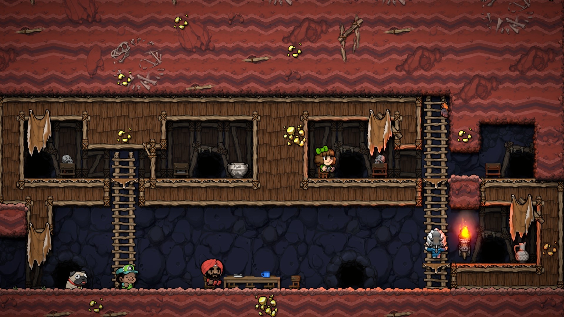 شخصیت اصلی بازی Spelunky 2 در حال پریدن از روی تلهها در یک غار خطرناک.