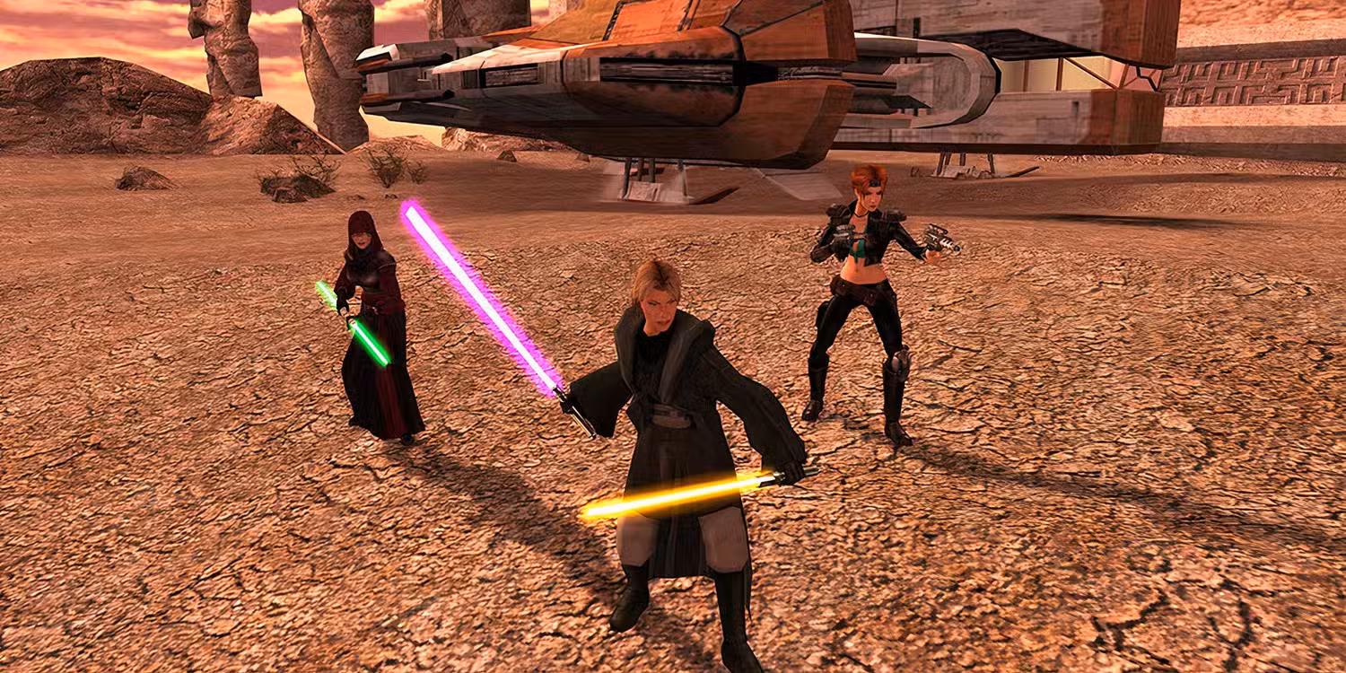 تصویری از یک جدای در بازی Star Wars: Knights of the Old Republic که در مقابل خرابه‌های یک معبد ایستاده است.