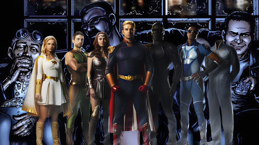 پوستری از تمام بازیگران اصلی سریال The Boys شامل گروه پسران و گروه هفت