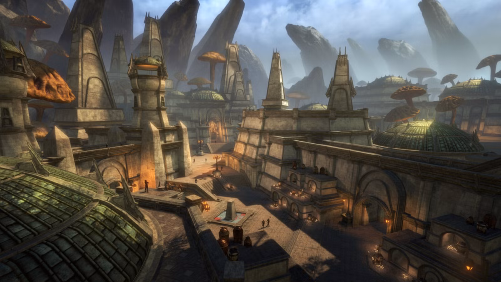 نمایی از شهر Necrom در بسته الحاقی بازی The Elder Scrolls Online، یک MMORPG جهان باز.