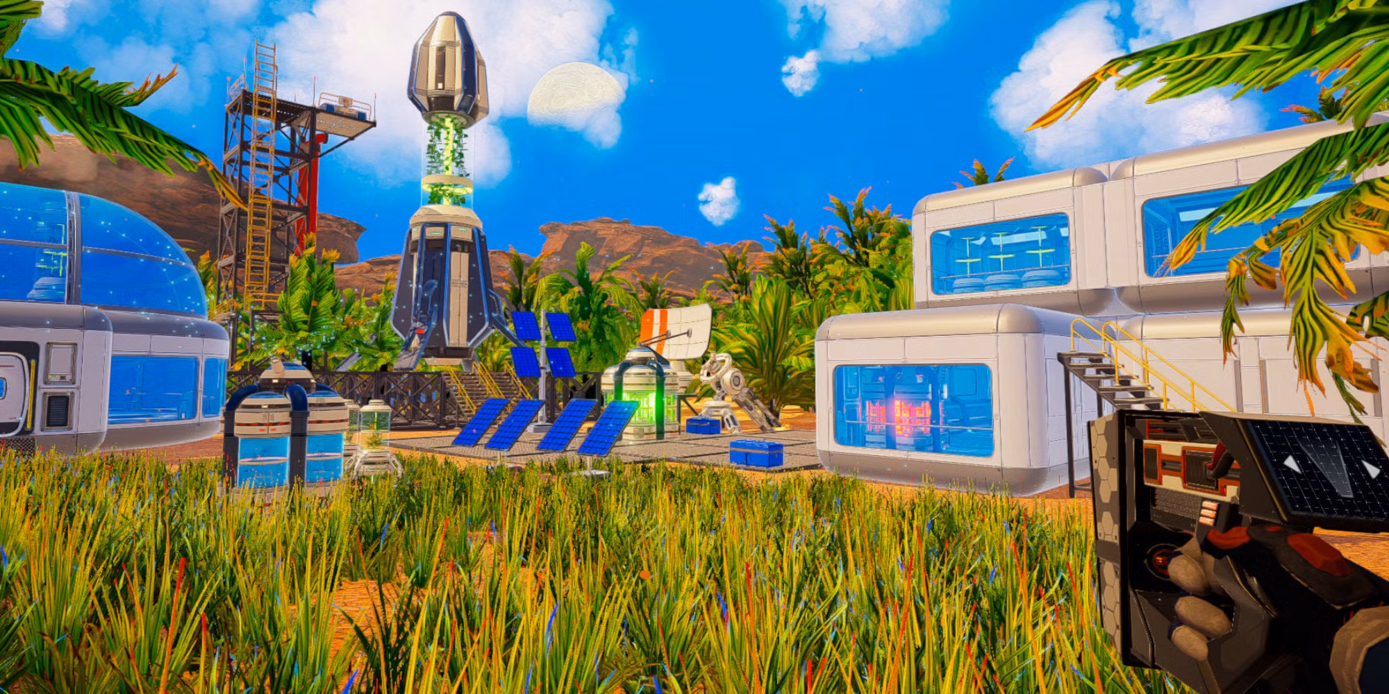 نمایی از پایگاه ساخته شده در سیارهای در حال ترافرمینگ در بازی The Planet Crafter، یک بازی جهان باز علمی-تخیلی.