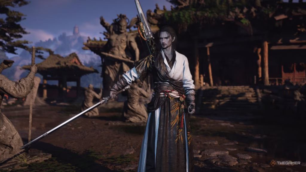 شخصیت اصلی بازی Where Winds Meet با شمشیری در دست در یک معبد