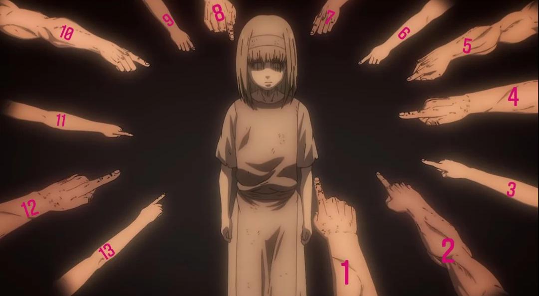 تصویر نمادین از نه تایتان که در مقابل یمیر تعظیم کردهاند