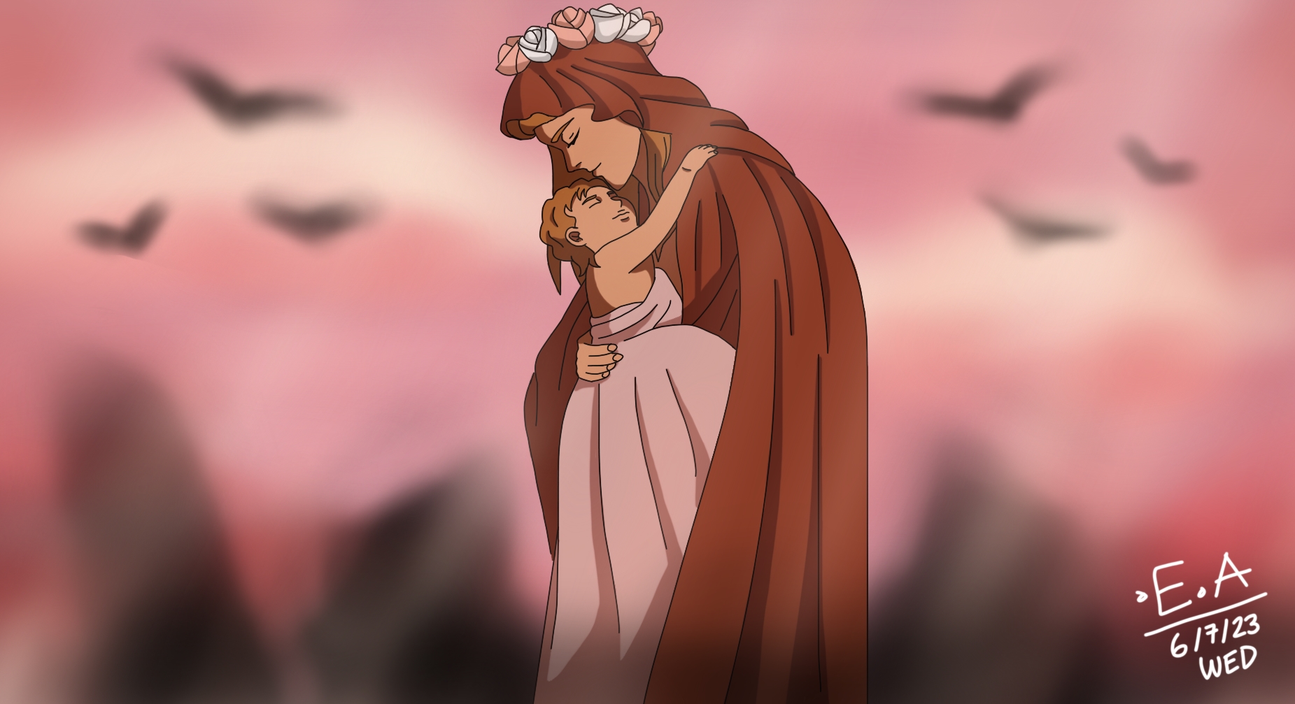 هیستوریا ریس در حال در آغوش گرفتن فرزندش در پایان داستان